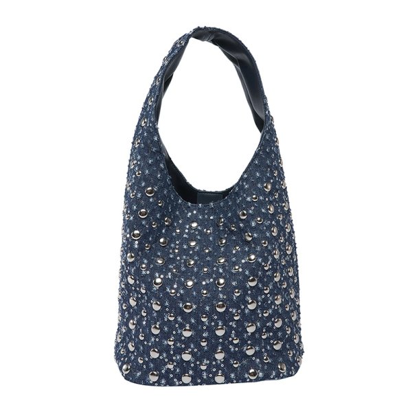 画像1: Studs Dotted Bed Underarm Bag Bucket Bag Shoulder Tote Bag　スタッズドットデニム バスケット トートショルダーアンダーアームバッグ (1)