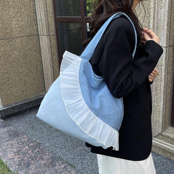 画像4: Lace frill denim and leather tote shoulder bag　レースフリルデニム＆レザートートショルダーバッグ (4)