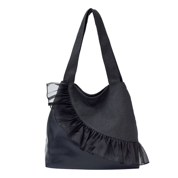 画像2: Lace frill denim and leather tote shoulder bag　レースフリルデニム＆レザートートショルダーバッグ (2)