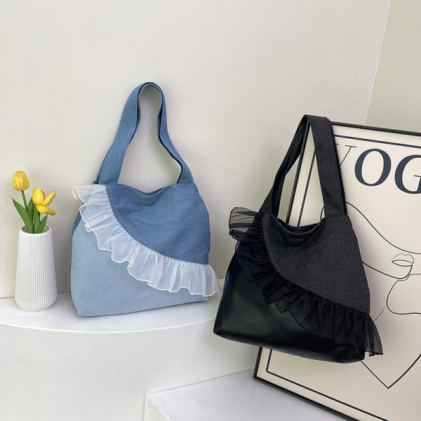 画像3: Lace frill denim and leather tote shoulder bag　レースフリルデニム＆レザートートショルダーバッグ (3)