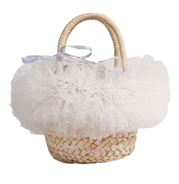 画像1: Fluffy lace and ribbon basket tote bag　フワフワレース＆リボン付きかごトートバッグ (1)
