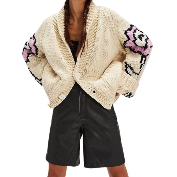 画像1: Women's Printed Cardigan Flip Collar Knitted Sweater　フラワー花編み込みカウチンカーディガンセータージャケット (1)