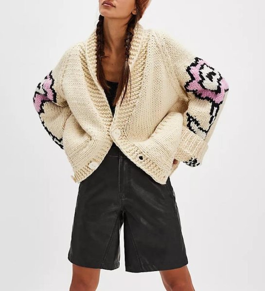 画像4: Women's Printed Cardigan Flip Collar Knitted Sweater　フラワー花編み込みカウチンカーディガンセータージャケット (4)