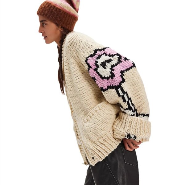 画像2: Women's Printed Cardigan Flip Collar Knitted Sweater　フラワー花編み込みカウチンカーディガンセータージャケット (2)