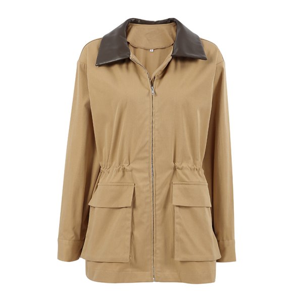 画像1: Women's Mid-length  French style leather collar trench coat jacket 　ミドル丈フレンチスタイルレザー襟トレンチコートジャケット (1)