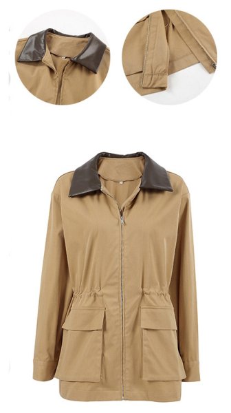 画像6: Women's Mid-length  French style leather collar trench coat jacket 　ミドル丈フレンチスタイルレザー襟トレンチコートジャケット (6)