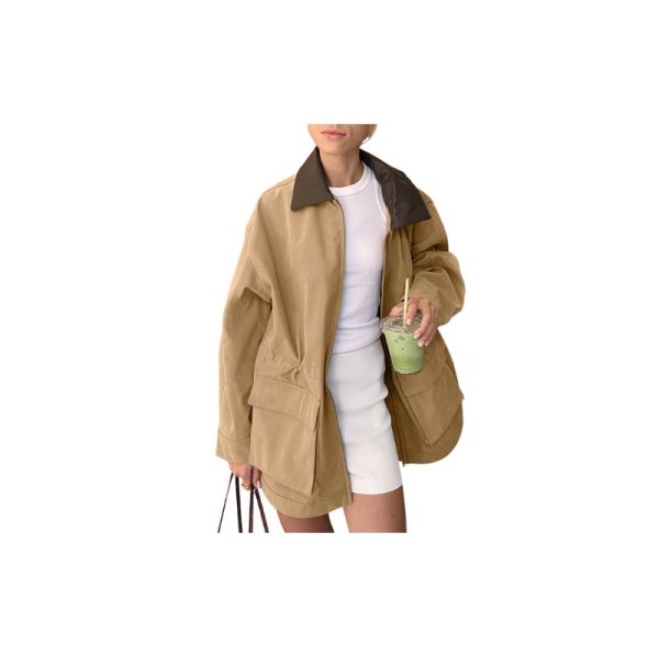 画像3: Women's Mid-length  French style leather collar trench coat jacket 　ミドル丈フレンチスタイルレザー襟トレンチコートジャケット (3)