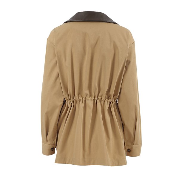 画像2: Women's Mid-length  French style leather collar trench coat jacket 　ミドル丈フレンチスタイルレザー襟トレンチコートジャケット (2)