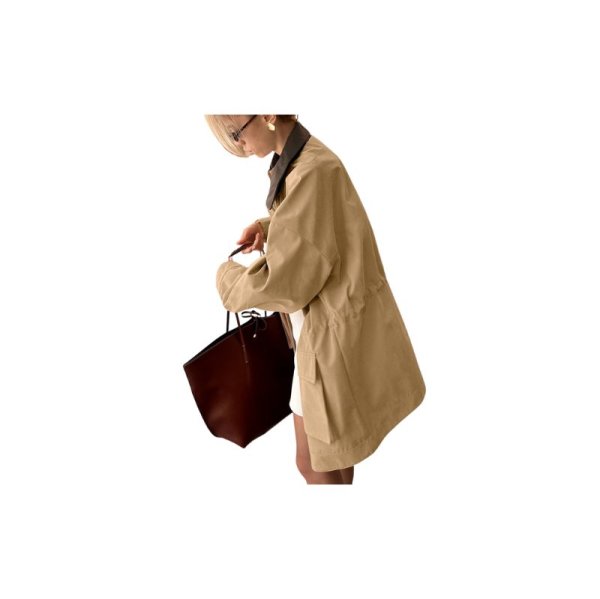 画像5: Women's Mid-length  French style leather collar trench coat jacket 　ミドル丈フレンチスタイルレザー襟トレンチコートジャケット (5)