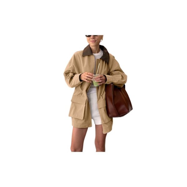 画像4: Women's Mid-length  French style leather collar trench coat jacket 　ミドル丈フレンチスタイルレザー襟トレンチコートジャケット (4)