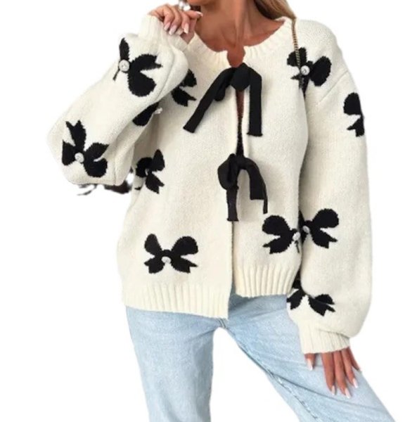 画像1: Ribbon short cardigan knit sweater　リボンショート丈カーディガンニットセーター　ニット (1)