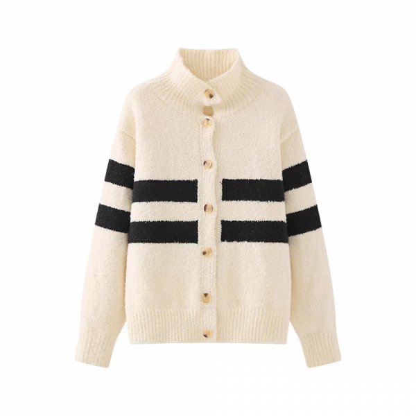 画像2: Thick wool striped turtleneck cardigan knit jacket　ウール厚手ストライプタートルネックカーディガンニットジャケット (2)