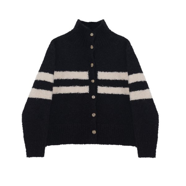 画像3: Thick wool striped turtleneck cardigan knit jacket　ウール厚手ストライプタートルネックカーディガンニットジャケット (3)
