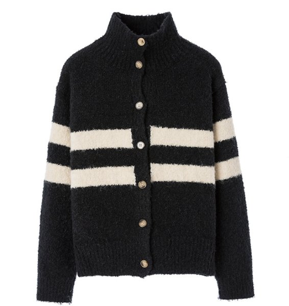 画像7: Thick wool striped turtleneck cardigan knit jacket　ウール厚手ストライプタートルネックカーディガンニットジャケット (7)