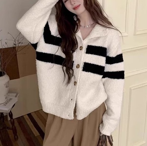 画像6: Thick wool striped turtleneck cardigan knit jacket　ウール厚手ストライプタートルネックカーディガンニットジャケット (6)