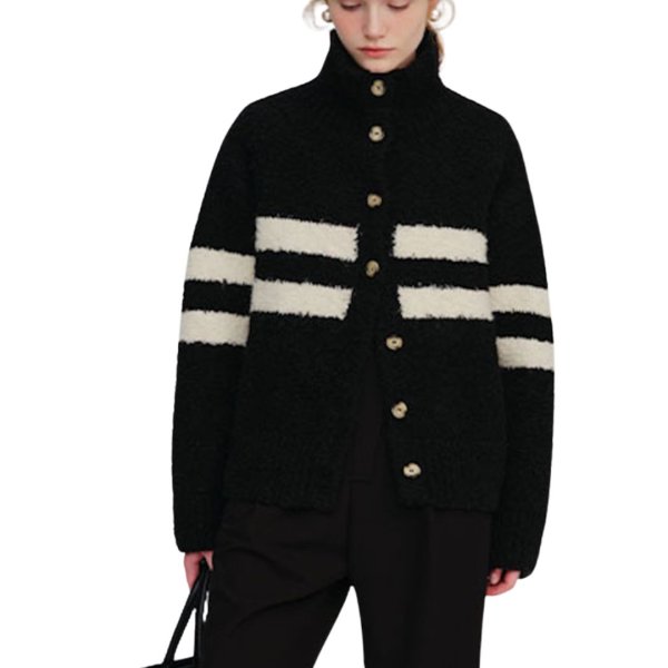 画像1: Thick wool striped turtleneck cardigan knit jacket　ウール厚手ストライプタートルネックカーディガンニットジャケット (1)