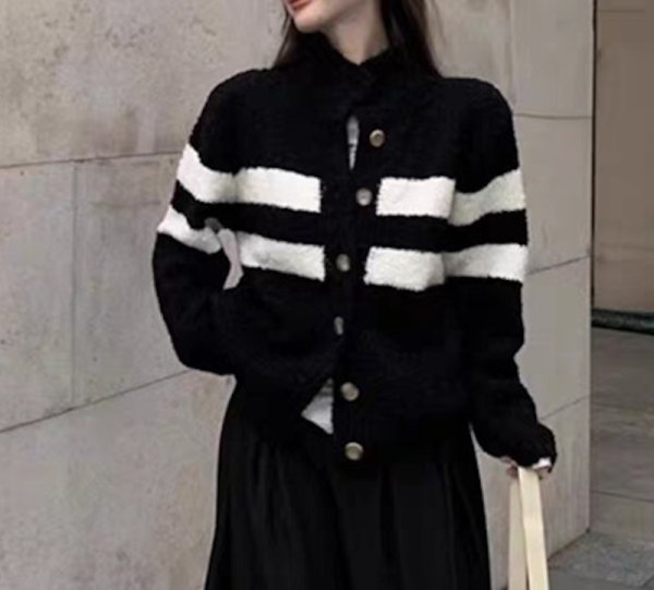 画像5: Thick wool striped turtleneck cardigan knit jacket　ウール厚手ストライプタートルネックカーディガンニットジャケット (5)
