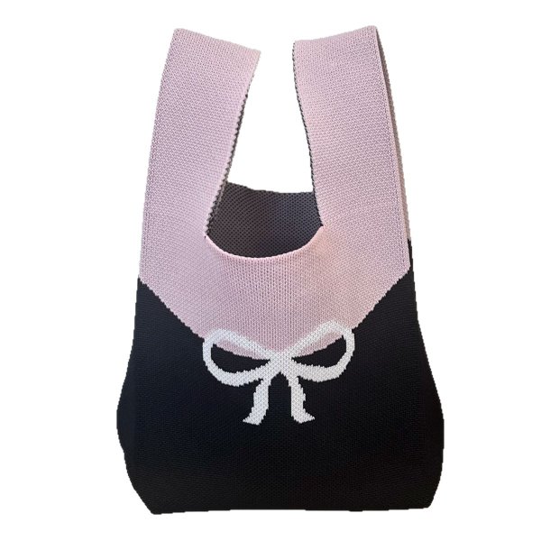 画像1: Ribbon knit drawstring tote bag　リボン編み込みニット巾着トートバッグ (1)