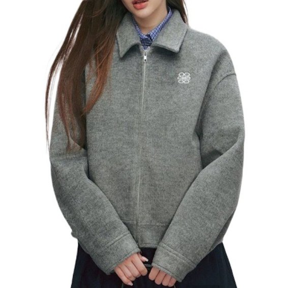 画像2: Women's Gray lapel zip-up wool short jacket coat  グレーラペルジップアップウールショートジャケットコート (2)