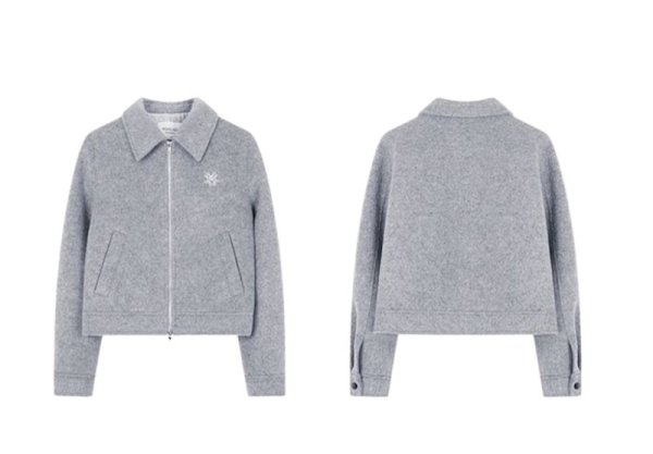 画像1: Women's Gray lapel zip-up wool short jacket coat  グレーラペルジップアップウールショートジャケットコート (1)