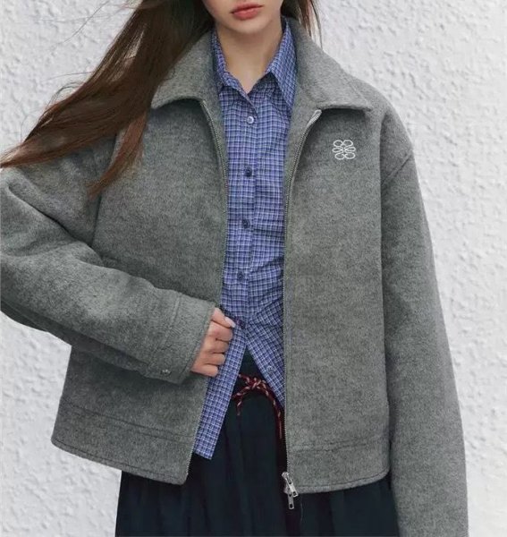 画像3: Women's Gray lapel zip-up wool short jacket coat  グレーラペルジップアップウールショートジャケットコート (3)