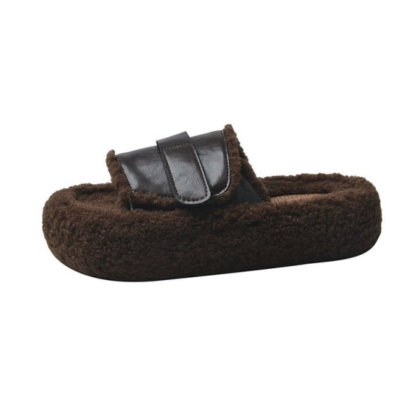 画像1: Fluffy thick-soled sandal slippers　男女兼用厚底フワフワプラットフォームレザーベルトモコモコファーサンダル　スリッパ (1)