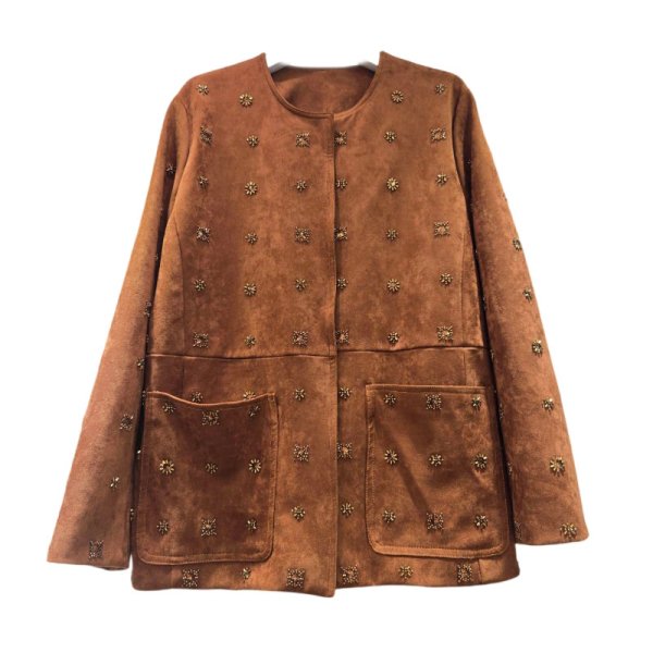 画像1: Women's Beaded embroidered leather jacket coat  　ビーズ刺繍レザージャケットコート (1)