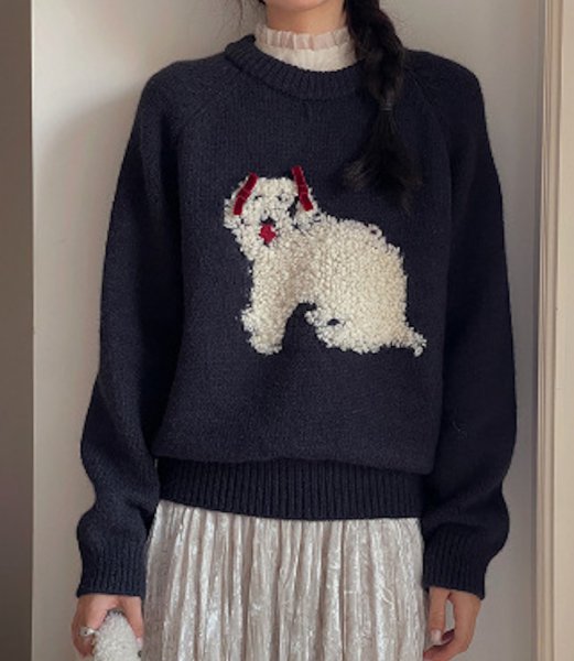 画像2: Fluffy dog ​​embroidered round neck sweater knit　 パピードッグ編み込みラウンドネックのプルオーバーセーターニット (2)