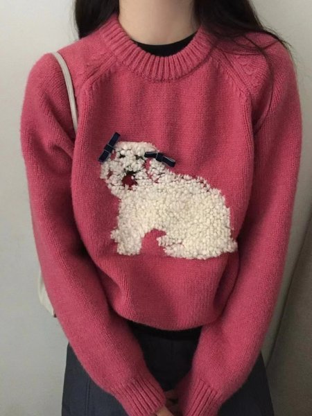 画像5: Fluffy dog ​​embroidered round neck sweater knit　 パピードッグ編み込みラウンドネックのプルオーバーセーターニット (5)