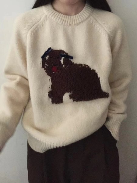画像3: Fluffy dog ​​embroidered round neck sweater knit　 パピードッグ編み込みラウンドネックのプルオーバーセーターニット (3)