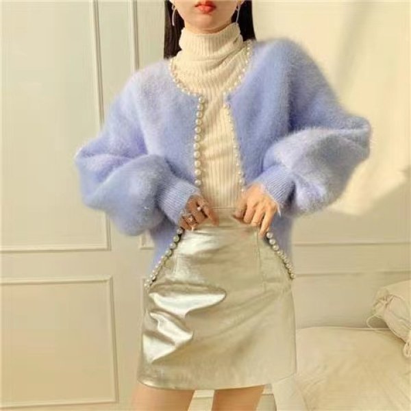 画像13: Pearl-trimmed mink-style fluffy cardigan jacket knit sweater 　パールトリミングミンク風フワフワカーディガンジャケットセーター (13)