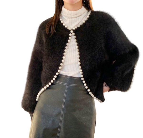 画像1: Pearl-trimmed mink-style fluffy cardigan jacket knit sweater 　パールトリミングミンク風フワフワカーディガンジャケットセーター (1)