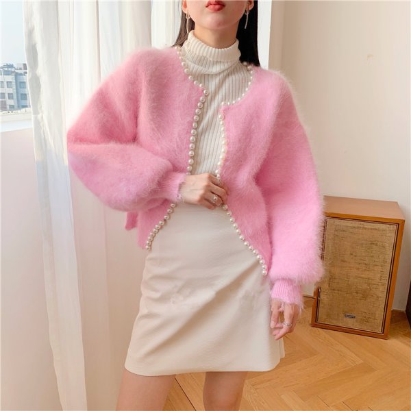 画像11: Pearl-trimmed mink-style fluffy cardigan jacket knit sweater 　パールトリミングミンク風フワフワカーディガンジャケットセーター (11)