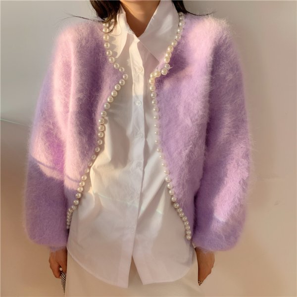 画像4: Pearl-trimmed mink-style fluffy cardigan jacket knit sweater 　パールトリミングミンク風フワフワカーディガンジャケットセーター (4)