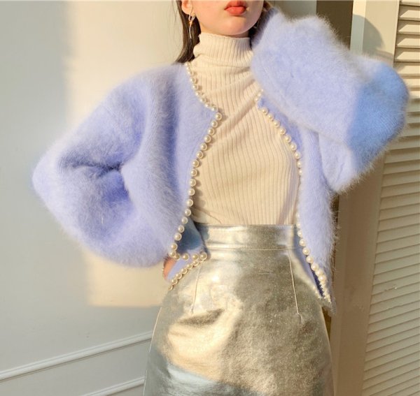画像5: Pearl-trimmed mink-style fluffy cardigan jacket knit sweater 　パールトリミングミンク風フワフワカーディガンジャケットセーター (5)