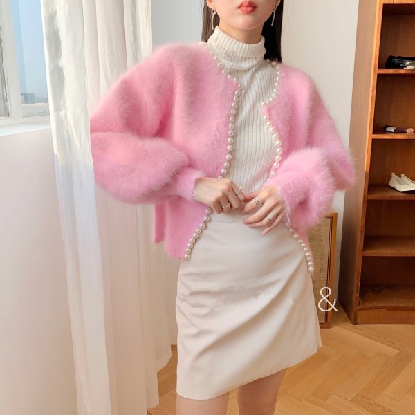 画像12: Pearl-trimmed mink-style fluffy cardigan jacket knit sweater 　パールトリミングミンク風フワフワカーディガンジャケットセーター (12)