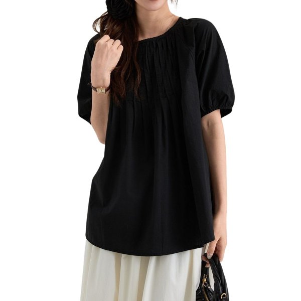 画像3: Women's French lantern sleeve puff sleeve short sleeve blouse フレンチパフスリーブ ピンタック ラタンスリーブ 半袖シャツ ブラウス (3)